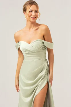 Sage Sereia Fora do Ombro Plissado Cetim Vestido Madrinha com Fenda