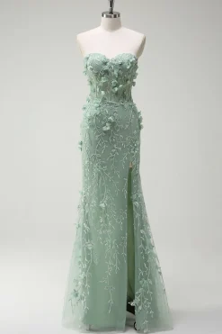 Sage Sereia Querida Floral Appliqued Long Prom Dress com Fenda