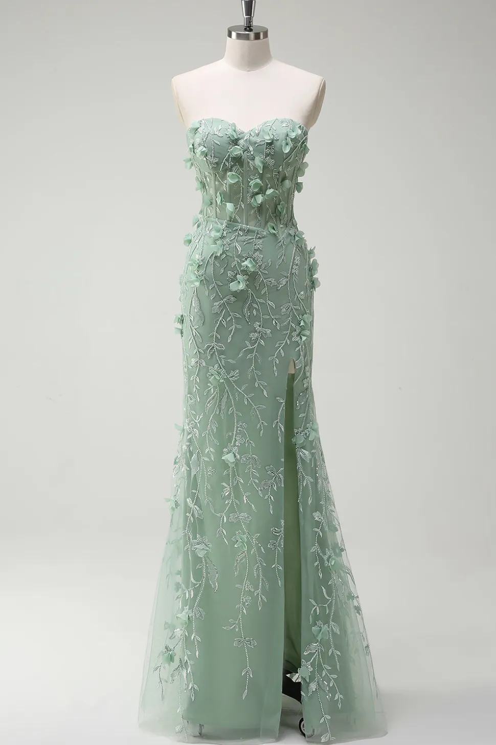 Sage Sereia Querida Floral Appliqued Long Prom Dress com Fenda