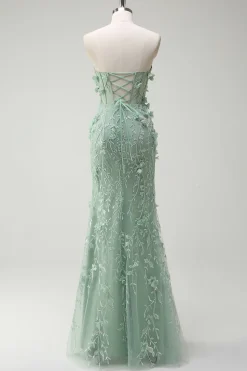 Sage Sereia Querida Floral Appliqued Long Prom Dress com Fenda