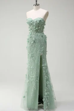 Sage Sereia Querida Floral Appliqued Long Prom Dress com Fenda