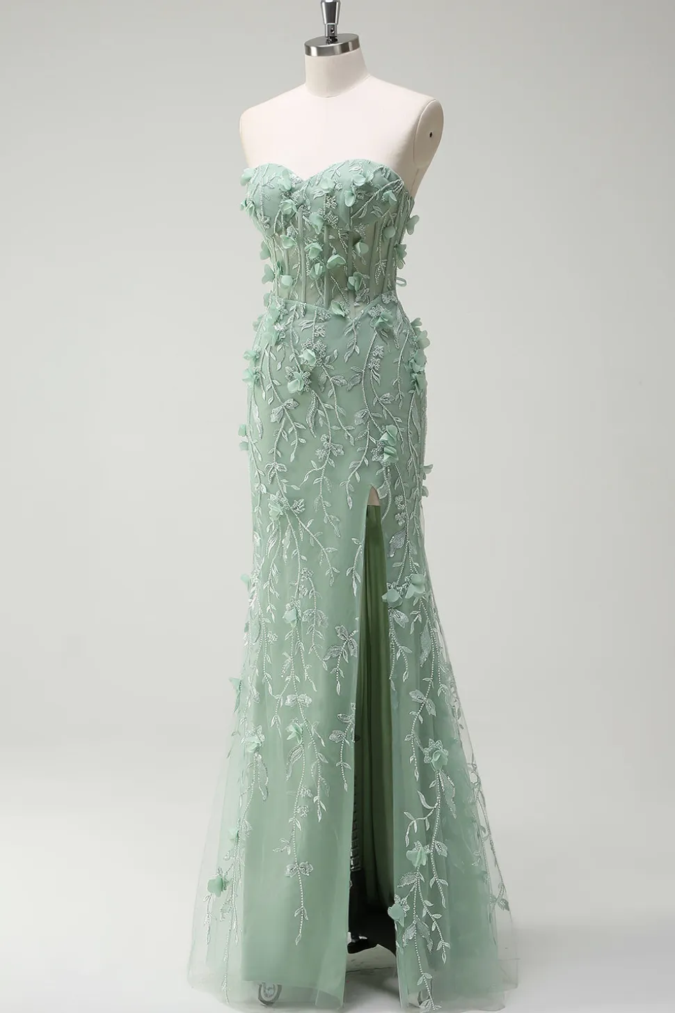 Sage Sereia Querida Floral Appliqued Long Prom Dress com Fenda