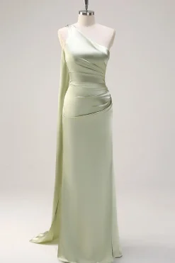 Sage Sereia Um Ombro Streamer Ruched Cetim Long Vestido de Dama de Honra com Fenda