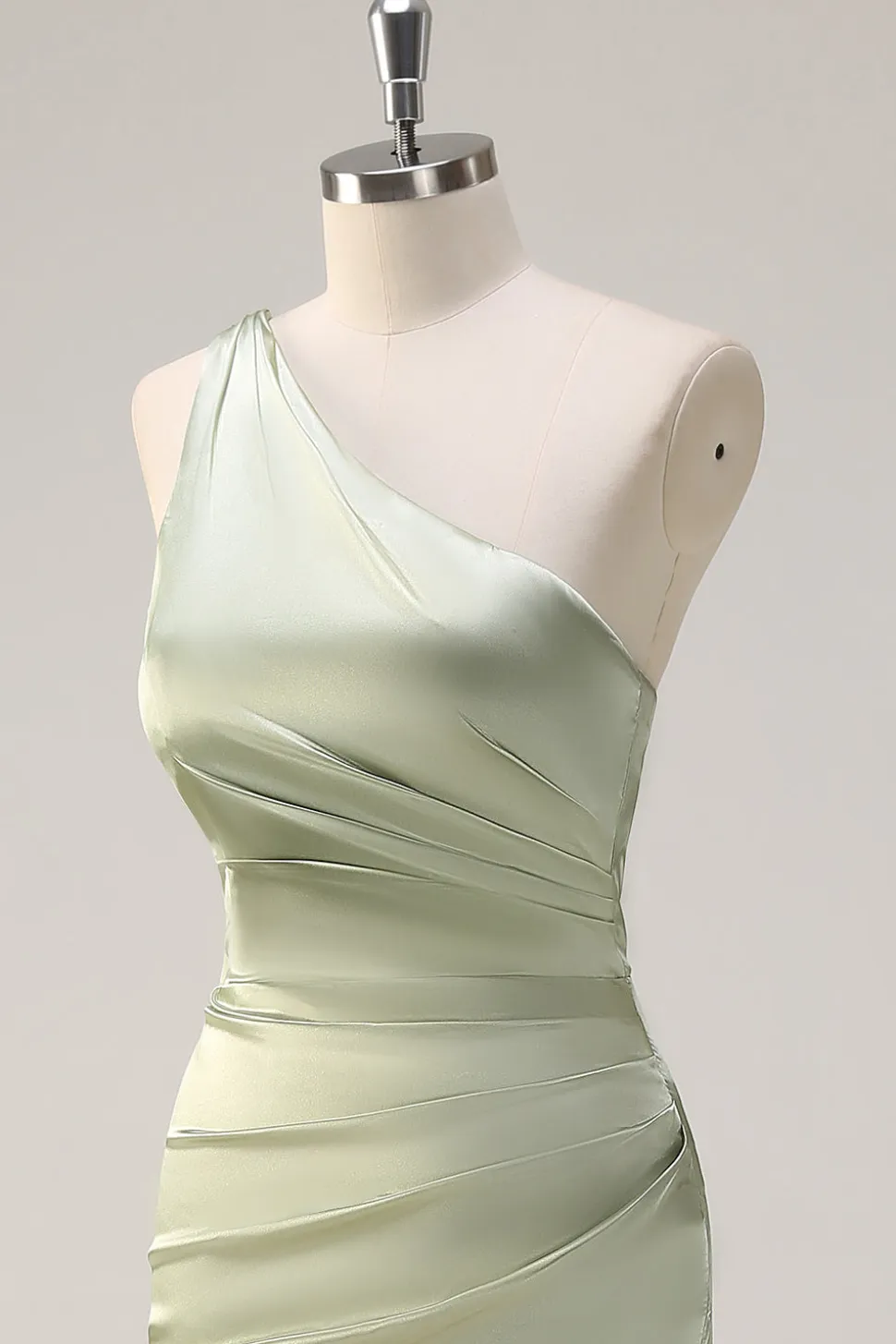Sage Sereia Um Ombro Streamer Ruched Cetim Long Vestido de Dama de Honra com Fenda