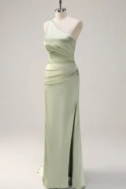 Sage Sereia Um Ombro Streamer Ruched Cetim Long Vestido de Dama de Honra com Fenda