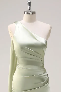 Sage Sereia Um Ombro Streamer Ruched Cetim Long Vestido de Dama de Honra com Fenda