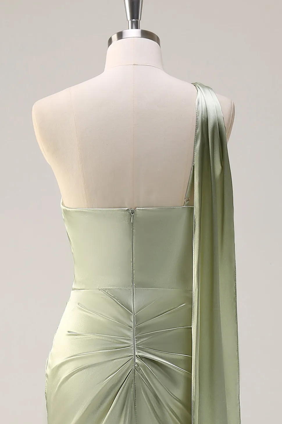 Sage Sereia Um Ombro Streamer Ruched Cetim Long Vestido de Dama de Honra com Fenda