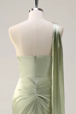 Sage Sereia Um Ombro Streamer Ruched Cetim Long Vestido de Dama de Honra com Fenda