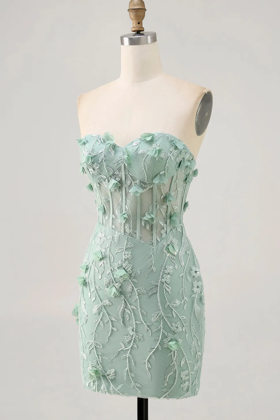 Sage Sweetheart Corset Appliqued Vestido Curto Homecoming