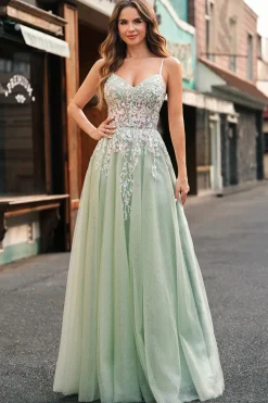 Sage Tulle A-Line Esparguete Correias Longo Vestido de Baile com Apliques