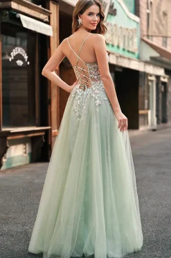 Sage Tulle A-Line Esparguete Correias Longo Vestido de Baile com Apliques