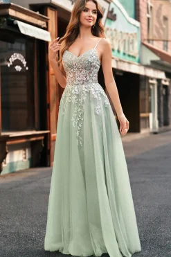 Sage Tulle A-Line Esparguete Correias Longo Vestido de Baile com Apliques