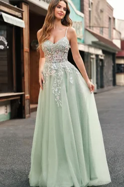 Sage Tulle A-Line Esparguete Correias Longo Vestido de Baile com Apliques