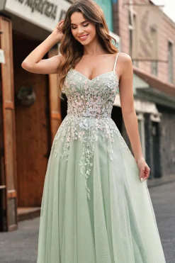 Sage Tulle A-Line Esparguete Correias Longo Vestido de Baile com Apliques