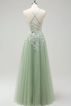 Sage Tulle A-Line Esparguete Correias Longo Vestido de Baile com Apliques
