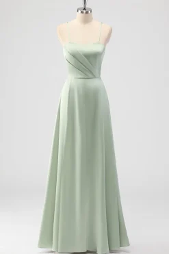 Sage Verde A-Line Cetim Esparguete Correias Longo Vestido Madrinha