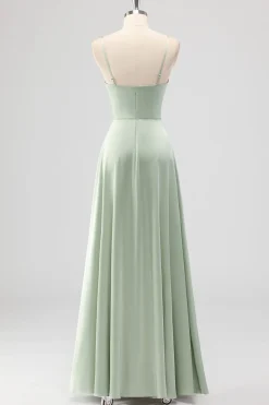 Sage Verde A-Line Cetim Esparguete Correias Longo Vestido Madrinha