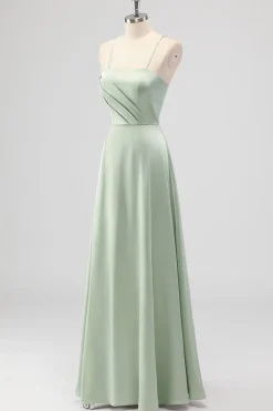 Sage Verde A-Line Cetim Esparguete Correias Longo Vestido Madrinha