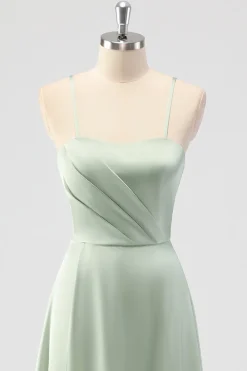 Sage Verde A-Line Cetim Esparguete Correias Longo Vestido Madrinha