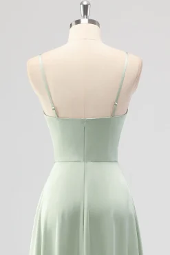 Sage Verde A-Line Cetim Esparguete Correias Longo Vestido Madrinha