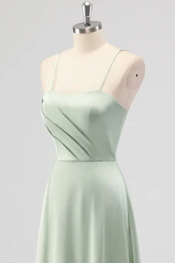 Sage Verde A-Line Cetim Esparguete Correias Longo Vestido Madrinha