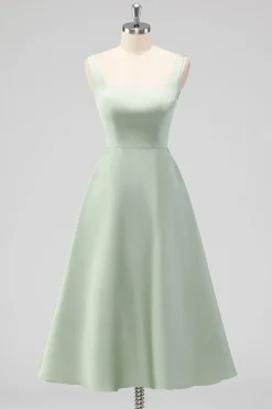 Sage Verde A-Line Pescoço Quadrado Cetim Midi Vestido Madrinha