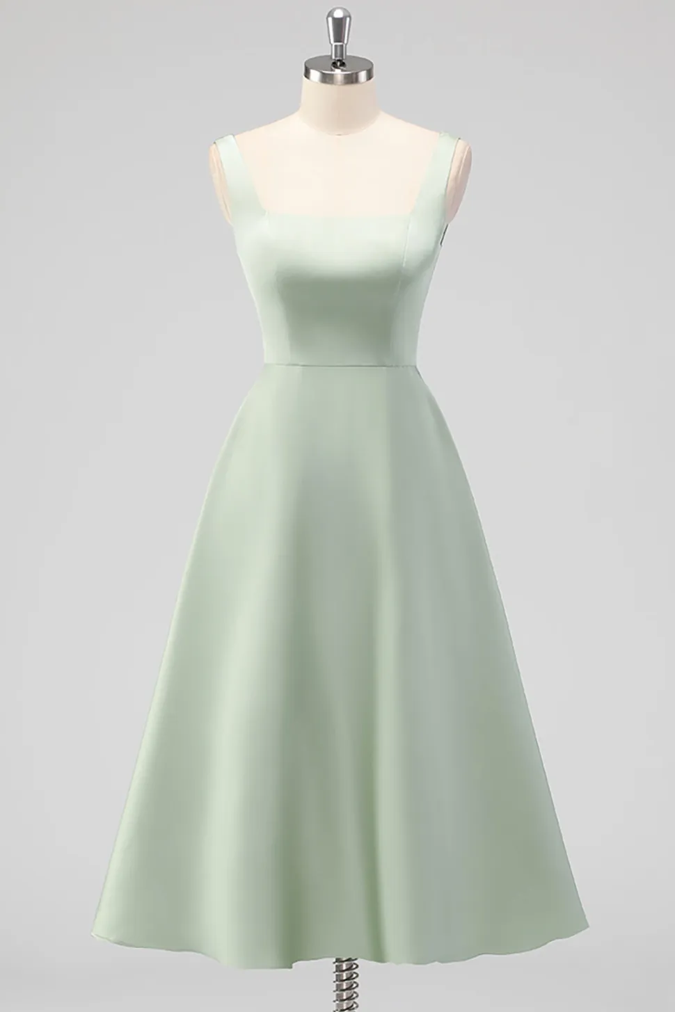 Sage Verde A-Line Pescoço Quadrado Cetim Midi Vestido Madrinha