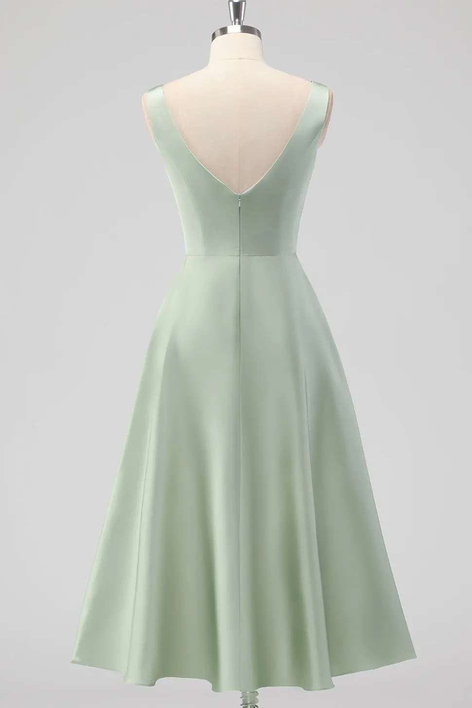 Sage Verde A-Line Pescoço Quadrado Cetim Midi Vestido Madrinha