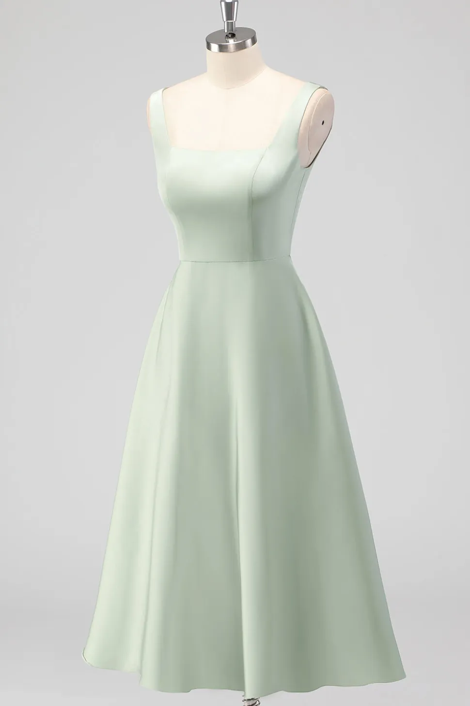 Sage Verde A-Line Pescoço Quadrado Cetim Midi Vestido Madrinha