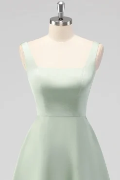 Sage Verde A-Line Pescoço Quadrado Cetim Midi Vestido Madrinha