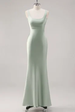 Sage Verde Cetim Scoop Sereia Vestido de dama de honra com Criss Cross Back