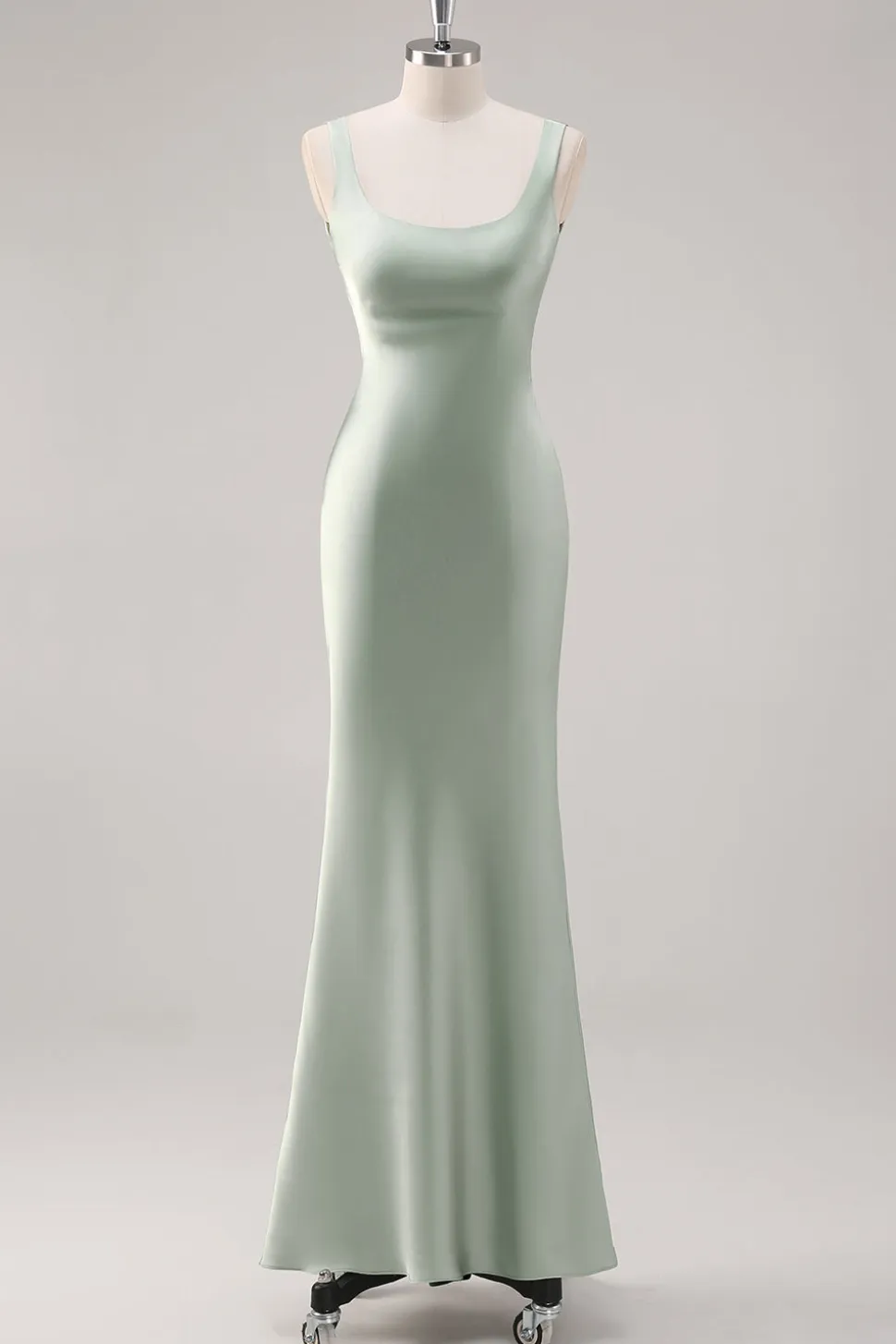 Sage Verde Cetim Scoop Sereia Vestido de dama de honra com Criss Cross Back