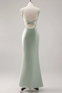 Sage Verde Cetim Scoop Sereia Vestido de dama de honra com Criss Cross Back