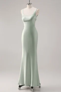 Sage Verde Cetim Scoop Sereia Vestido de dama de honra com Criss Cross Back