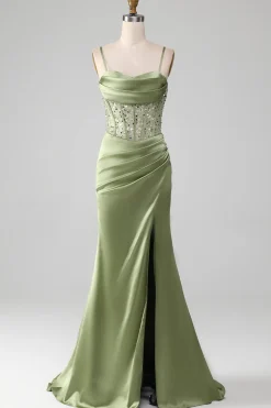 Sage Verde Querida Pescoço Esparguete Correias Cetim Plissado Sereia Corset Prom Dress