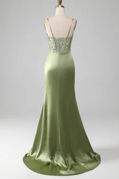 Sage Verde Querida Pescoço Esparguete Correias Cetim Plissado Sereia Corset Prom Dress