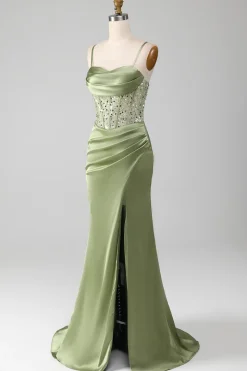 Sage Verde Querida Pescoço Esparguete Correias Cetim Plissado Sereia Corset Prom Dress