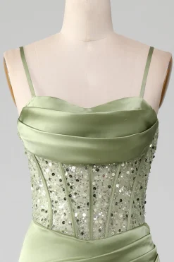 Sage Verde Querida Pescoço Esparguete Correias Cetim Plissado Sereia Corset Prom Dress