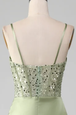 Sage Verde Querida Pescoço Esparguete Correias Cetim Plissado Sereia Corset Prom Dress