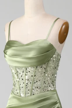 Sage Verde Querida Pescoço Esparguete Correias Cetim Plissado Sereia Corset Prom Dress