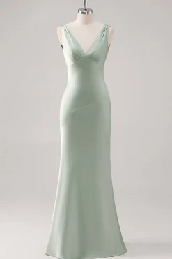 Sage Verde V Pescoço Sem Costas Bainha de Cetim Vestido Madrinha