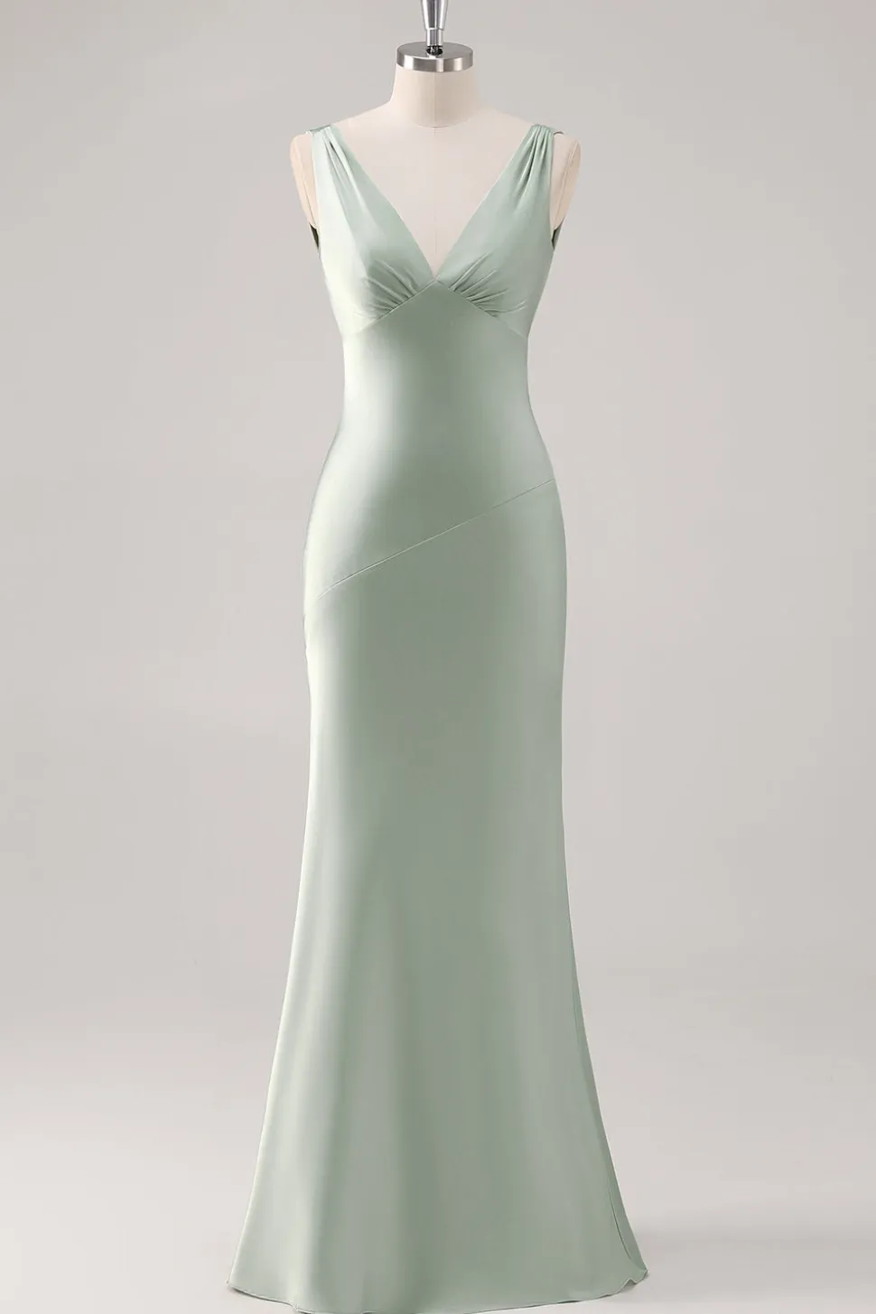 Sage Verde V Pescoço Sem Costas Bainha de Cetim Vestido Madrinha
