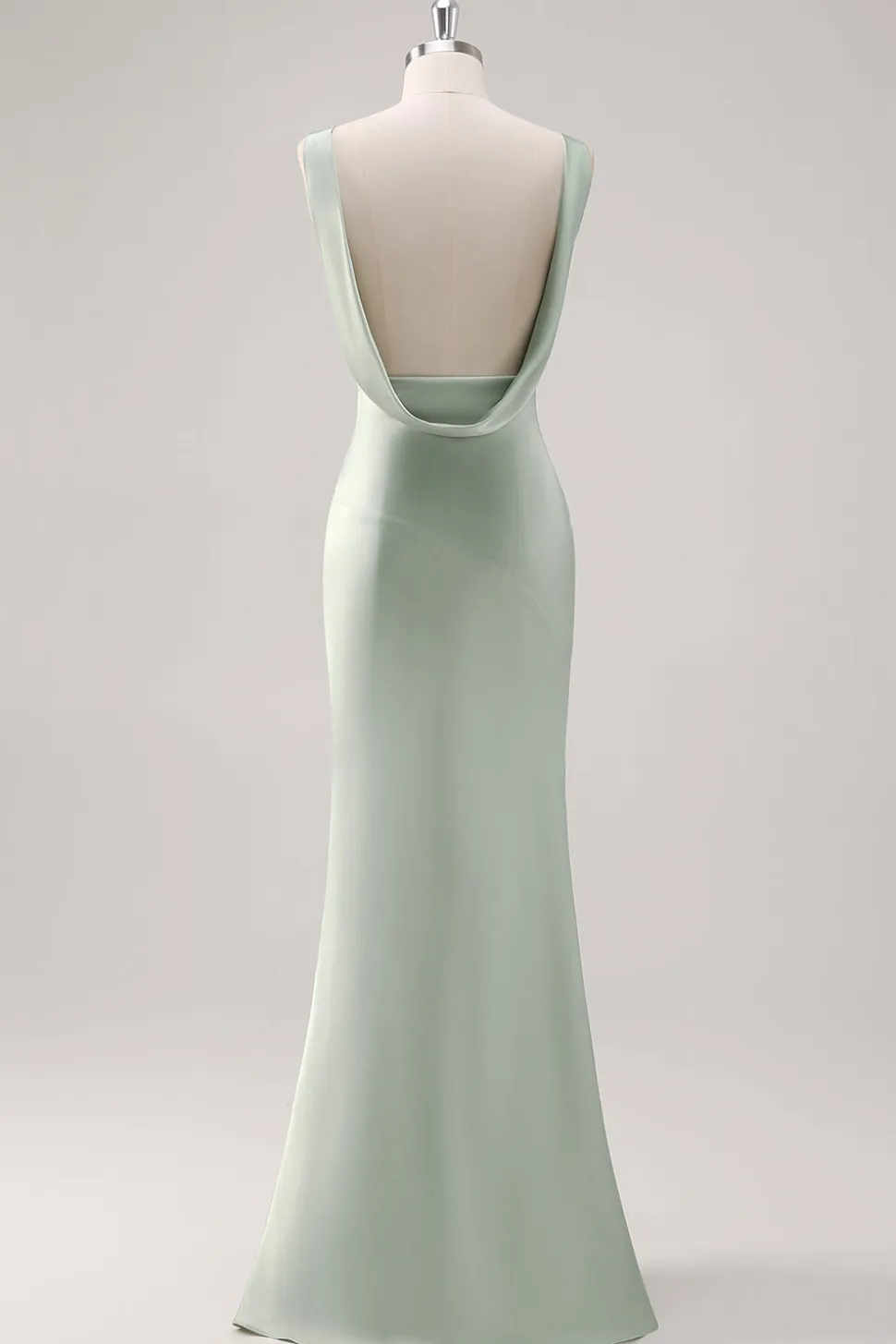 Sage Verde V Pescoço Sem Costas Bainha de Cetim Vestido Madrinha