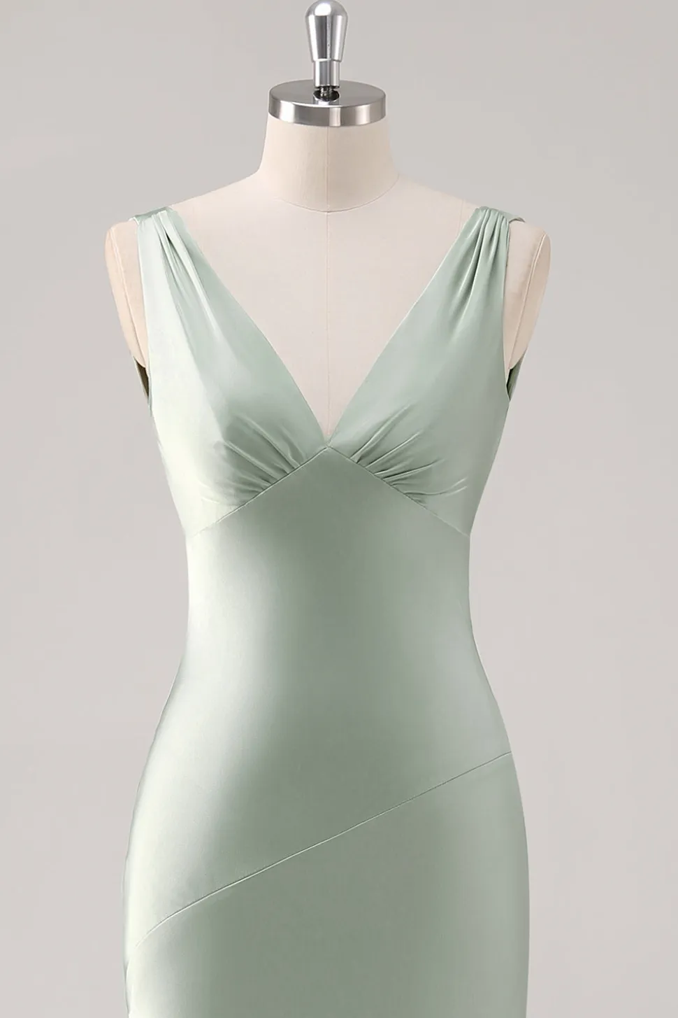 Sage Verde V Pescoço Sem Costas Bainha de Cetim Vestido Madrinha