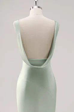 Sage Verde V Pescoço Sem Costas Bainha de Cetim Vestido Madrinha