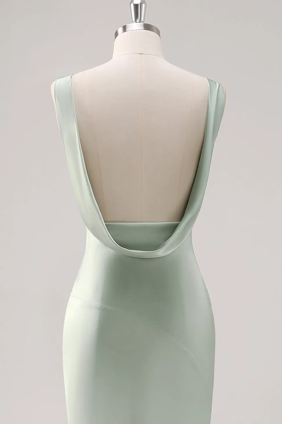 Sage Verde V Pescoço Sem Costas Bainha de Cetim Vestido Madrinha