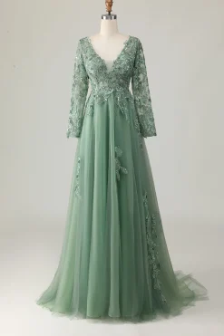 Sage V-neck Applique A-Line Vestido de Baile