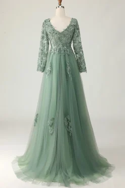 Sage V-neck Applique A-Line Vestido de Baile
