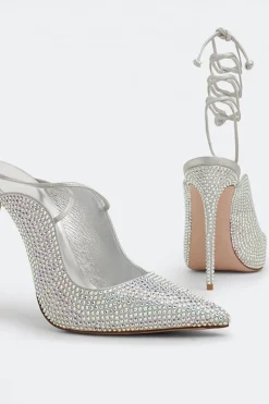 Salto alto Stiletto frisado prata brilhante