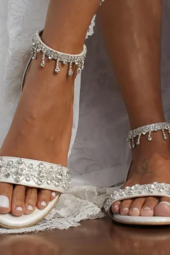 Sandália de Salto Baixo Branco Rhinestone